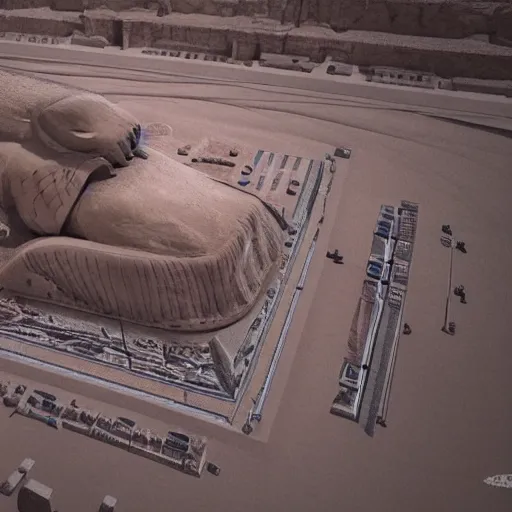 Prompt: an scene of an intricate hyper detailed sphynx in giza, cinematic lighting, bird's - eye view