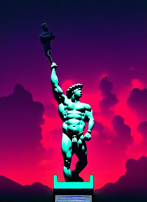 Image similar to statue of hercules, beeple, android jones, ( ( ( ( ( dan mumford ) ) ) ) ), vaporwave, retrowave, black background, neon wiring, black, glitch, strong contrast, cuts, pinterest, trending on artstation