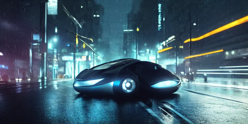 Image similar to cinematic movie scene, beautiful Product shot film still of a Syd Mead futuristic modern sleek automobile speeding down a wet street at night in cyperpunk city, motion, hard surface modeling, volumetric soft lighting, style of Stanley Kubrick cinematography, 8k H 768