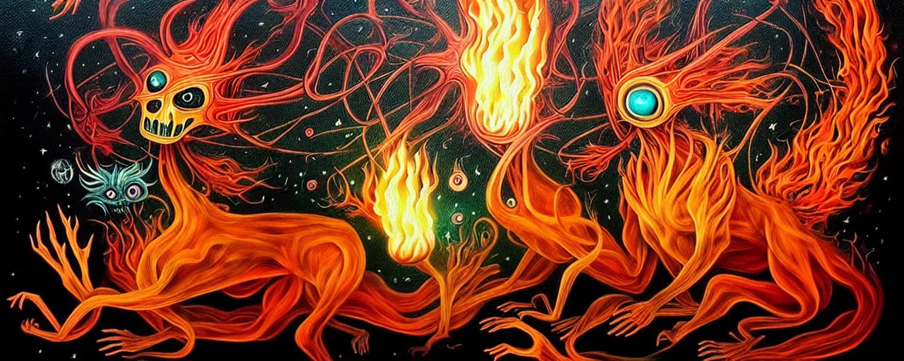 Image similar to whimsical fiery alchemical creatures, surreal dark uncanny mixed media painting by ronny khalil