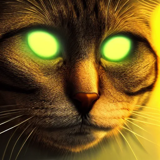 Image similar to photorealistic cat with reptilian features. hyperdetailed photorealism, 1 0 8 megapixels, amazing depth, high resolution, 3 d shading, 3 d finalrender, 3 d cinematic lighting, glowing rich colors, psychedelic overtones, artstation concept art.