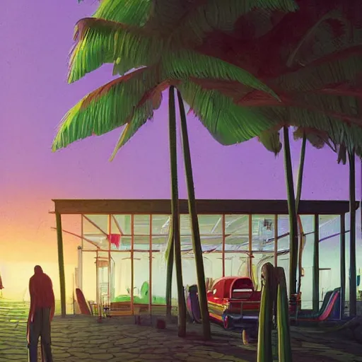 Prompt: inside diner at the beach with palm trees by simon stalenhag