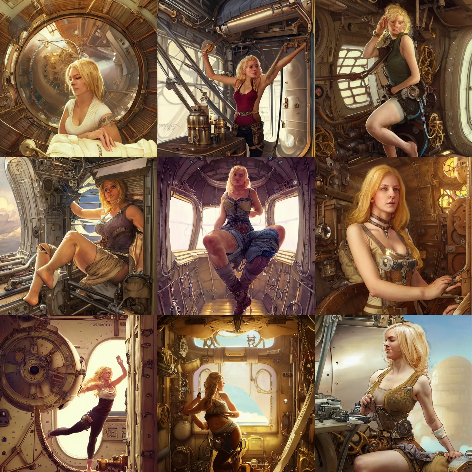 Prompt: Portrait of a tank top-clad blonde female airship mechanic stretching and yawning in her cramped bunk, steampunk, intricate, highly detailed, digital painting, artstation, concept art, smooth, sharp focus, illustration, art by artgerm and greg rutkowski and alphonse mucha