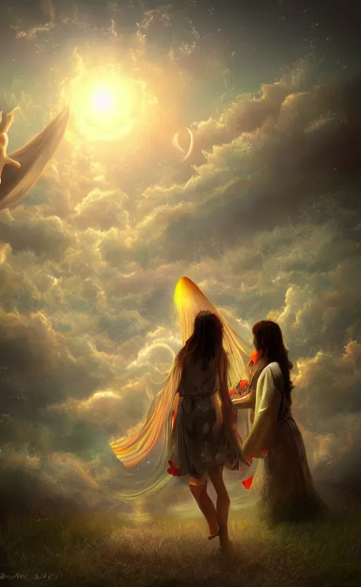 Image similar to Meeting God in heaven, digital art, trending on art station