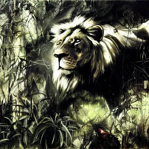 Image similar to lion in the jungle by dave mckean and yoji shinkawa, oil on canvas