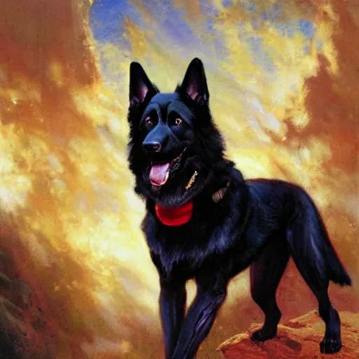Image similar to a portrait of a black german shepard dogman canine star trek captain red shirt full body. highly detailed painting by gaston bussiere, craig mullins, j. c. leyendecker, furry