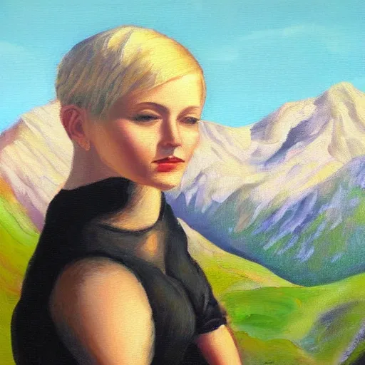 Image similar to a woman with short blonde hair poses on a mountain, oil painting,