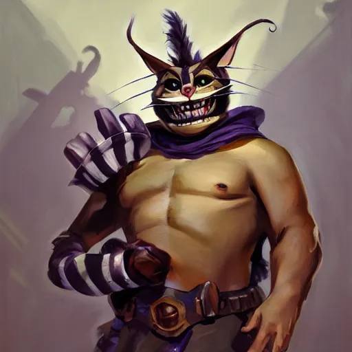 Image similar to greg manchess portrait painting of partially armored cheshire cat from alice in wonderland as overwatch character, medium shot, asymmetrical, profile picture, organic painting, sunny day, matte painting, bold shapes, hard edges, street art, trending on artstation, by huang guangjian, gil elvgren, ruan jia, randy vargas, greg rutkowski