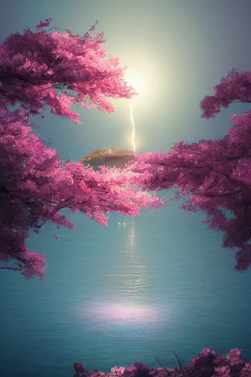 Image similar to a single alone sakura tree growing upon an island in a lake, cherry blossoms, illustration, light beams, simple, minimalist, digital art, oil painting, fantasy, 8 k, trending on artstation, detailed