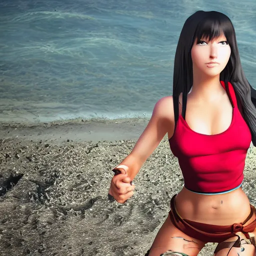 Image similar to a photo of tifa at the beach, hyperrealistic