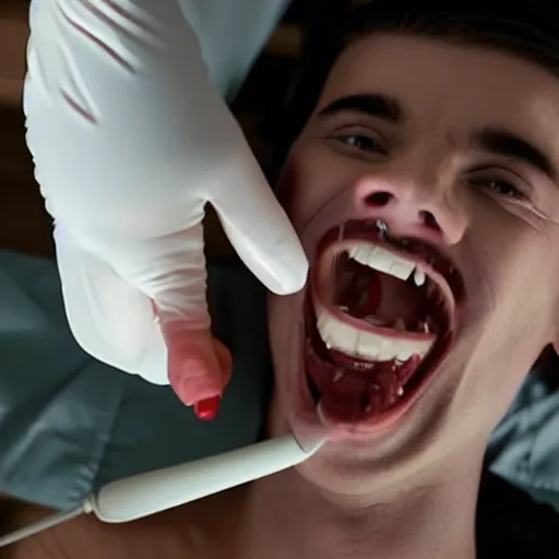 Prompt: A very evil dentist getting ready to pull the teeth out of a young male adult, horror film, cinematic, realistic