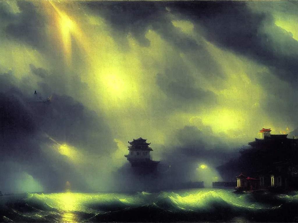 Image similar to heavy rain in south korea, bridges and buildings under water, beam of light through dark clouds, by Aivazovsky