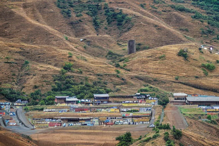 Image similar to looking down road of warehouses. hills background with radio tower on top. telephoto lens compression.