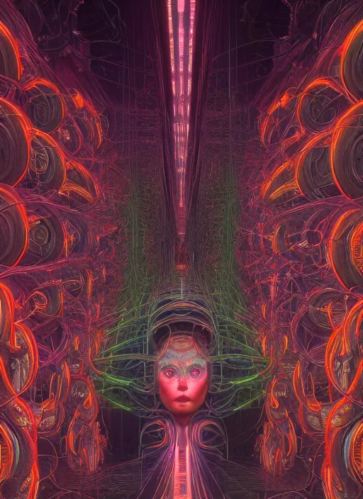 Prompt: A wall full of eyes, symmetrical, neon, RGB, glowing wires everywhere, pristine, by Edgar Maxence and Ross Tran, Zdzisław Beksiński, and Michael Whelan, gustav dore, H.R. Giger, 8k, octane render