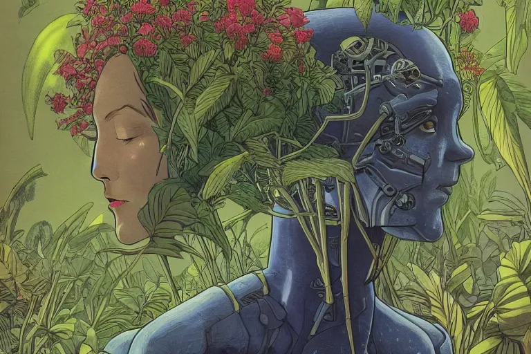 Image similar to gigantic robot - girl head floating in the space, a lot of exotic plants, trees, flowers, oldschool vintage sci - fi flat surreal grainy design, super - detailed, drawing by moebius, satoshi kon, craig gleason, hd, 4 k, high quality