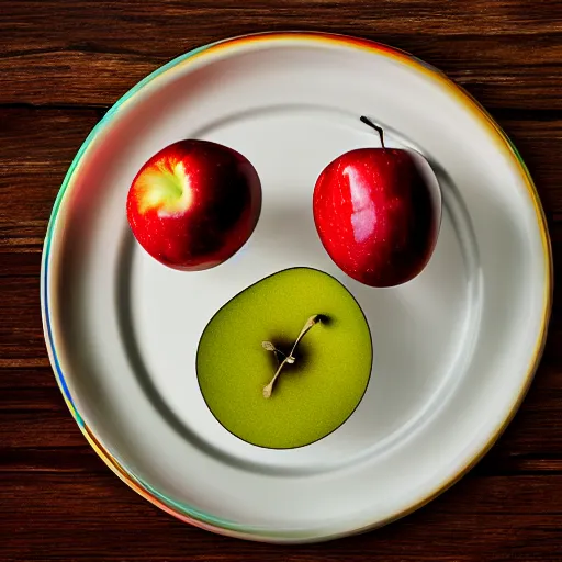 Image similar to a wide angle side view realistic photo of only 3 apples on a colorful plate, award winning, food photography, by ansel adams