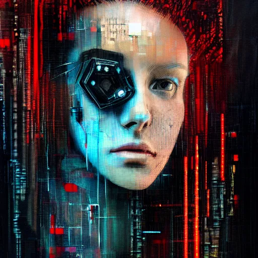 Prompt: hyperrealistic portrait of a mysterious cyberpunk woman, by Guy Denning, Johannes Itten, Russ Mills, glitch art, hacking effects, glitch effects, digital tech effects, cybernetics, detailed lings, chromatic, color blocking!, oil on canvas, octane, concept art, abstract, red face, 8k, trending on artstation