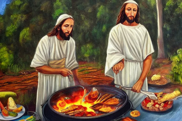 Image similar to painting of Australian Jesus cooking at BBQ, by Reg Mombasa