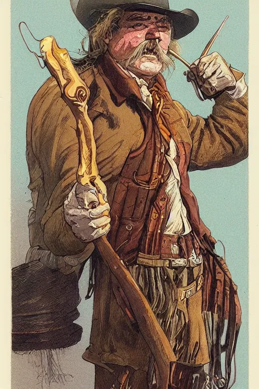 Prompt: vernon. Smug old west circus sharpshooter. concept art by James Gurney and Mœbius.