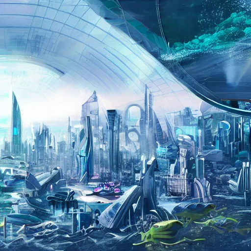 Prompt: an expansive futuristic cityscape underwater