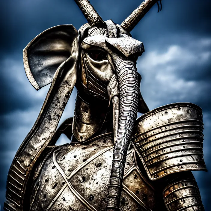 Image similar to photo of a warrior with metal jiraffe themed armour, highly detailed, 4 k, hdr, smooth, sharp focus, high resolution, award - winning photo