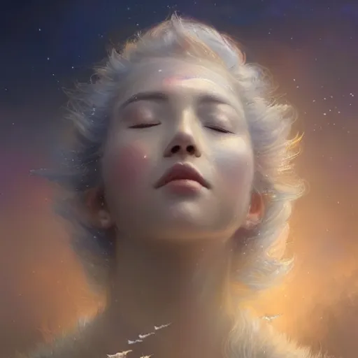 Prompt: a beautiful portrait of a cloud goddess with numerous tiny birds flying in the background and closed eyes, galaxy theme colors, galaxy theme colors, galaxy theme colors, galaxy theme colors, galaxy theme colors, ultra realistic digital art by Greg Rutkowski and Raymond Swanland, Trending on Artstation, ultra realistic digital art