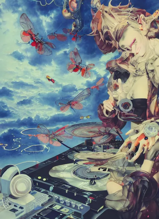 Image similar to surreal gouache painting, by yoshitaka amano, by ruan jia, by Conrad roset, by good smile company, detailed anime 3d render of chemical magical flying Vinyl records close to the DJ Mixer, deck surrounded by chemical magical Dragonflies, Vinyl records, controller, portrait, cgsociety, artstation, rococo mechanical and Digital and electronic, dieselpunk atmosphere