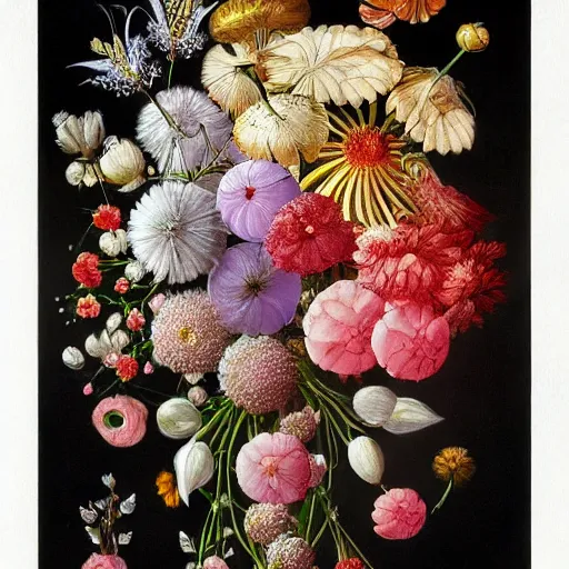 Image similar to a painting of a bouquet of flowers on a black background, a detailed painting by Earnst Haeckel, behance contest winner, fantasy art, made of crystals, detailed painting, digital illustration