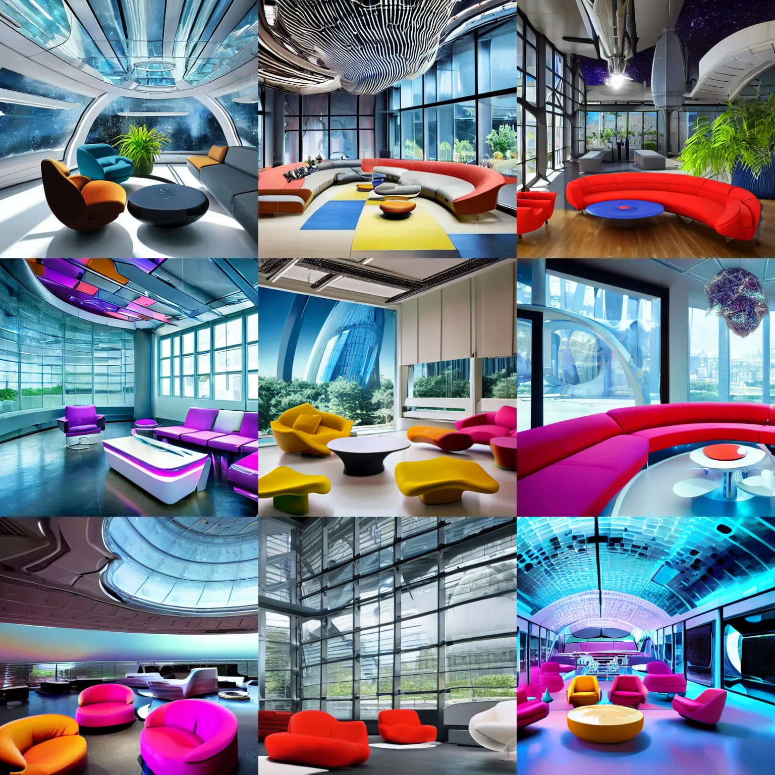 Prompt: ultra modern concept design of a vast spaceship interior, futuristic chairs and sofas can be seen in the foreground, a large colorful nebula can be seen from a window, large plants in the background, industrial design concept, wide angle shot