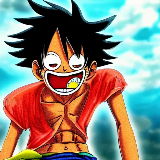Image similar to monkey d luffy from one piece, 4 k hd, over saturated, bright colours,