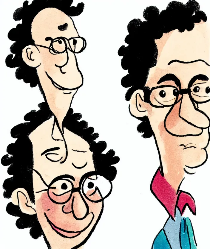 Prompt: man with glasses, dark short curly hair smiling, illustration in the style of quentin blake