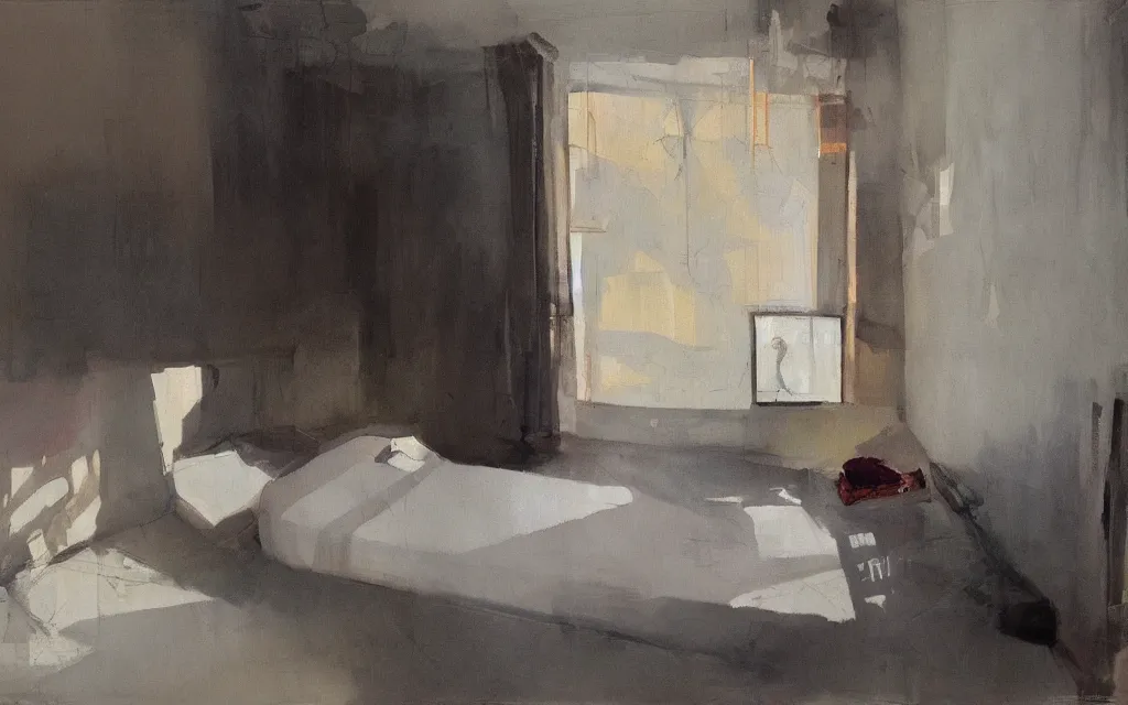 Image similar to a painting of dreaming in beds of the void empty desires rooms, light from the window casting her shadow dreams, style of brett amory