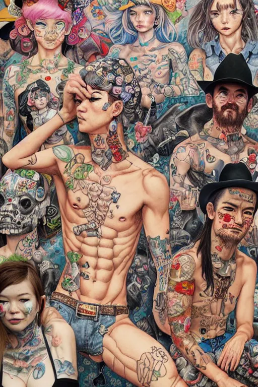 Image similar to full view, from a distance, of cowboys with tattoos, style of yoshii chie and hikari shimoda and martine johanna, highly detailed