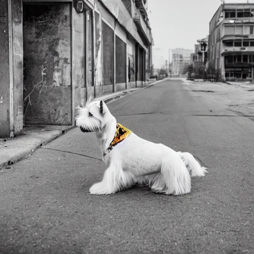 Image similar to photo of a white schnauzer dog with open feathered wings on his back sitting on the street of an abandoned dystopic city, hyprrealism, 5 5 mm photo