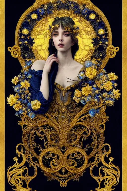 Prompt: beautiful black blue yellow, complicated gold and blue flowers the baroque style decoration, dark fantasy, intricate, elegant, highly detailed, digital painting, artstation, concept art, matte, 3 d 8 k octane rendered, sharp focus, illustration, octane rendered, art by artgerm and alphonse mucha, leesha hannigan