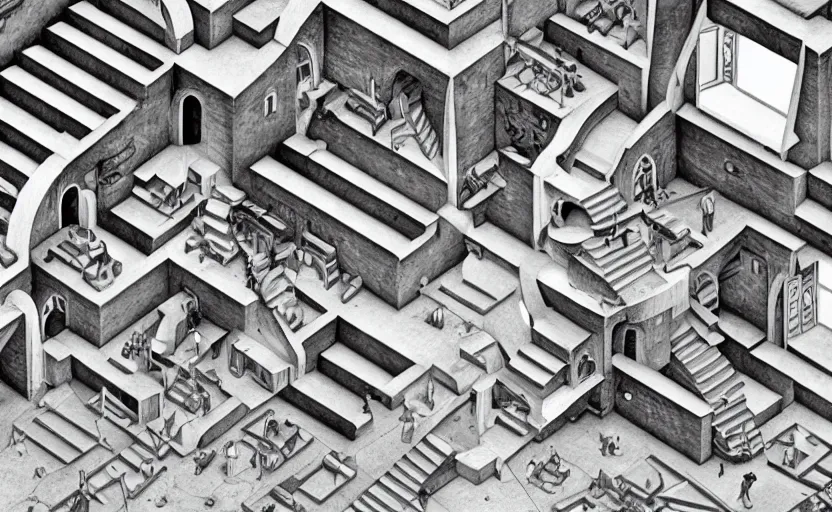 Image similar to Greek Keys, Computers and Staircases isometric wonderland viewscape labyrinthe B&W by MC Escher