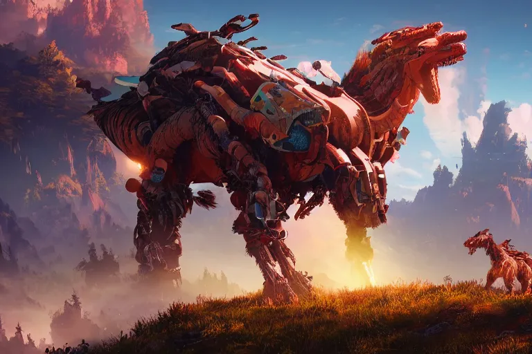 Image similar to bristleback machine creature robot of horizon forbidden west horizon zero dawn radiating a glowing aura global illumination ray tracing hdr fanart arstation by ian pesty and alena aenami artworks in 4 k