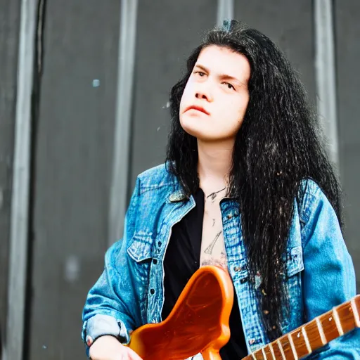 Image similar to 19-year-old girl with long shaggy black hair, permed hair, wearing denim jacket and bell-bottom jeans, playing electric guitar, stoner metal concert, heavy blues rock, doom metal, 30mm photography