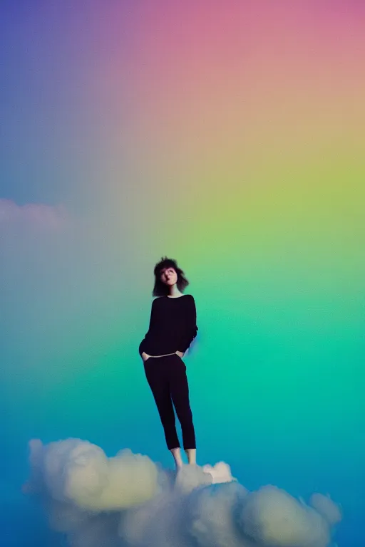 Image similar to high quality pastel coloured film photograph of a model wearing black clothing resting on cloud furniture clouds in a haze filled dreamstate world. three point light, rainbow. photographic production. art directed. pastel colours. volumetric clouds. pastel gradient overlay. waves glitch artefacts. 8 k. filmic.