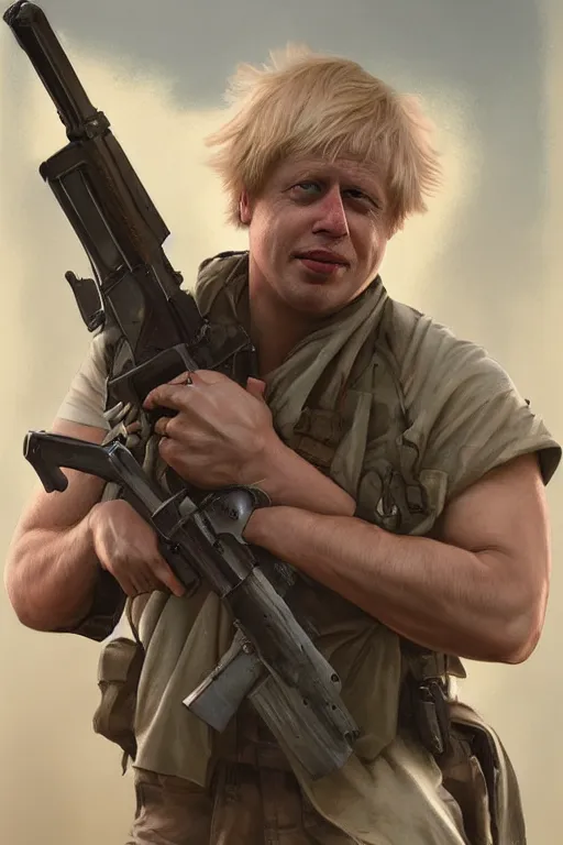 Prompt: Boris Johnson as Rambo with guns, Boris Johnson hairstyle, masculine figure, highly detailed, digital painting, artstation, concept art, smooth, sharp focus, illustration, cinematic lighting, art by artgerm and greg rutkowski and alphonse mucha