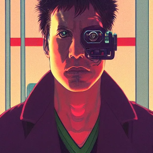 Prompt: a portrait of a cyberpunk man staring at the camera with dramatic lighting, by kawase hasui, moebius, edward hopper, colorful flat surreal design, hd, 8 k, artstation