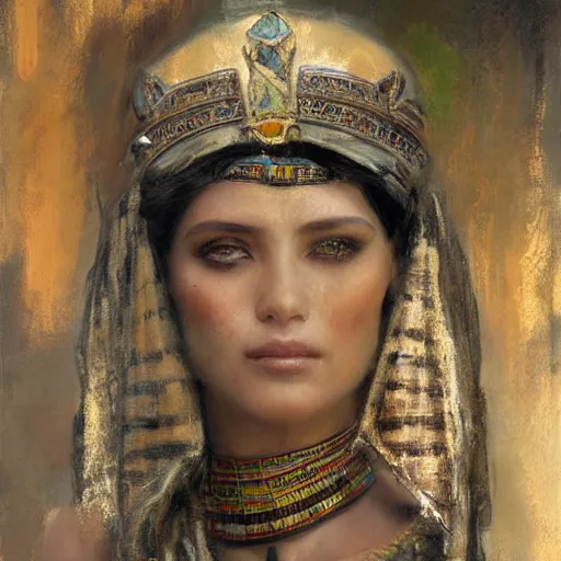 Prompt: elegant egyptian queen woman by a cemetary, detailed face, with a crown of skulls, skull earings, painting by Gaston Bussiere, Craig Mullins