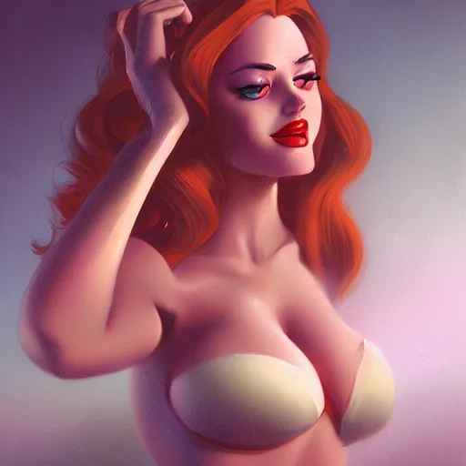 Prompt: jessica rabbit in a bikini, digital art, pretty face, very beautiful face, very detailed eyes, 8 k resolution, by wlop, greg rutkowski, full body