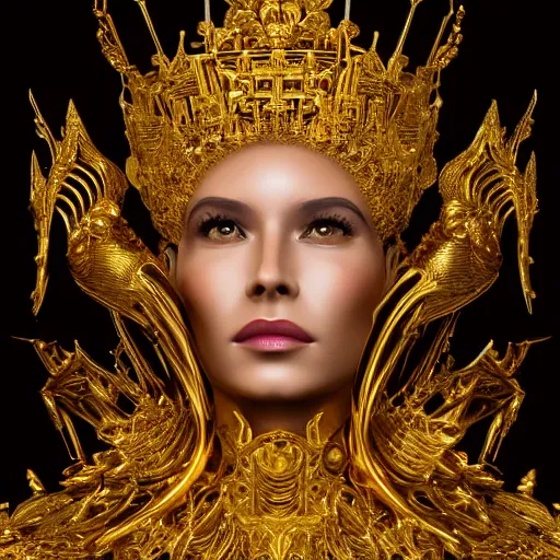 Image similar to queen of gold, 4 k, intricate, jaw dropping, gorgeous, surreal, octane render