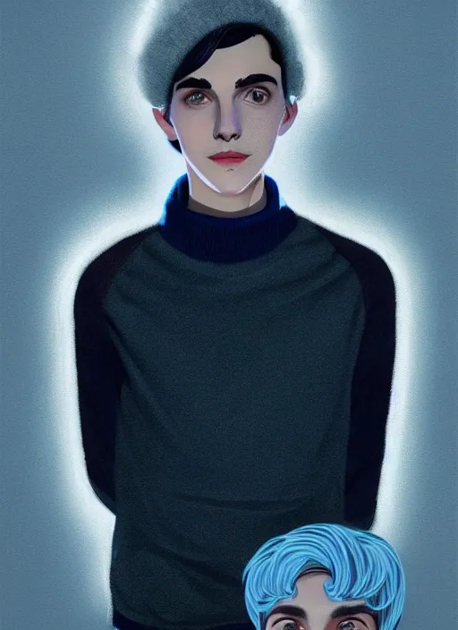 Image similar to portrait of teenage jughead jones wearing a light grey crown, crown, blue turtleneck, 1 9 5 0 s, closed eyes, photorealistic, black hair, glowing lighting, intricate, elegant, glowing lights, highly detailed, digital painting, artstation, concept art, smooth, sharp focus, illustration, art by wlop, mars ravelo and greg rutkowski