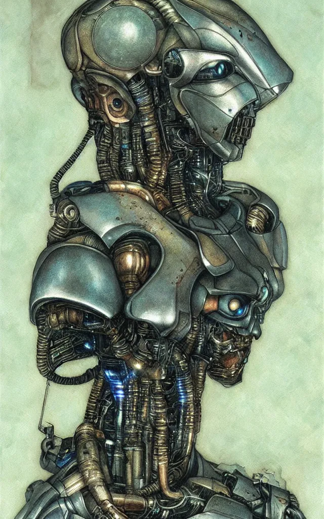 Prompt: futurist cyborg knight, perfect future, award winning art by santiago caruso, iridescent color palatte