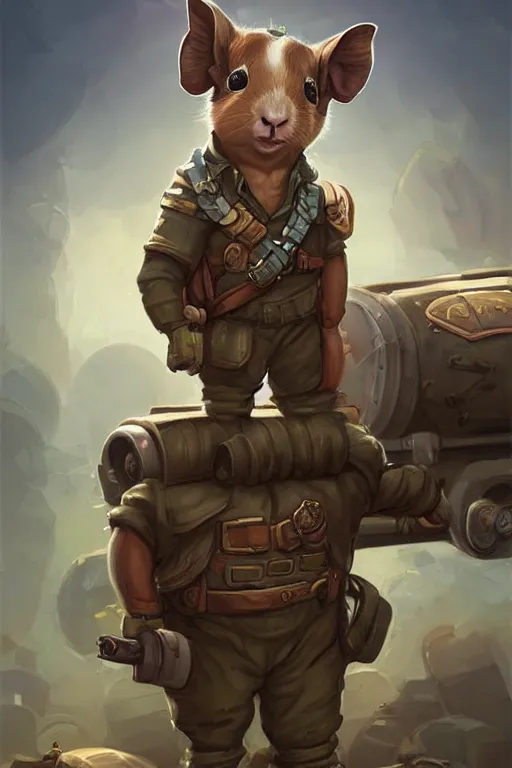 Image similar to cute little anthropomorphic Guinea Pig Tank driver standing next to its tank, tiny, small, short, Tank driver outfit, cute and adorable, pretty, beautiful, DnD character art portrait, matte fantasy painting, DeviantArt Artstation, by Jason Felix by Steve Argyle by Tyler Jacobson by Peter Mohrbacher, cinematic lighting