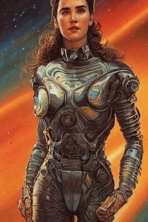 Image similar to young Jennifer Connelly as a ruggedly beautiful retro SCI-FI space heroine 1985 , movie poster, intricate, elegant, highly detailed, centered, digital painting, artstation, concept art, smooth, sharp focus, illustration, art by artgerm and donato giancola and Joseph Christian Leyendecker, Ross Tran, WLOP