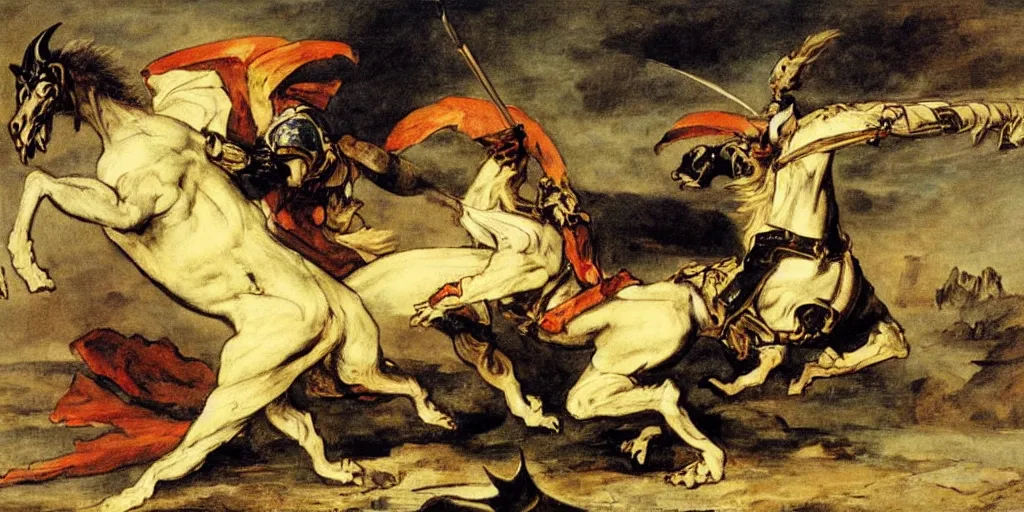 Image similar to knight fighting dragon, art by eugene delacroix