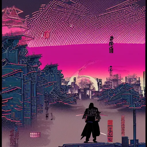 Prompt: cyberpunk samurai in a synth wave city, in the style of hokusai